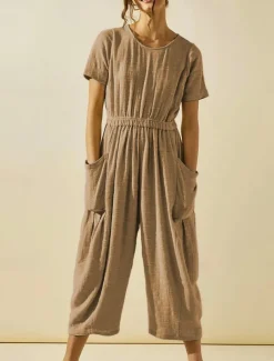 Women's Normal Jumpsuit Active Solid Color Short Sleeve Round Neck Pocket Vacation Daily Regular Fit White Green Khaki Summer
