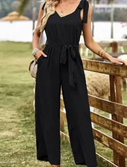 Women's Normal Jumpsuit Active Solid Color Sleeveless V Neck Lace up Pocket Vacation Daily Regular Fit Black Wine Summer