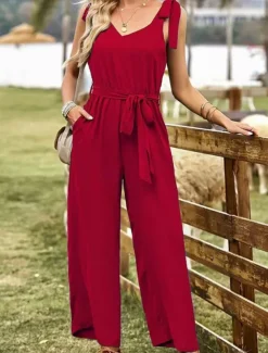 Women's Normal Jumpsuit Active Solid Color Sleeveless V Neck Lace up Pocket Vacation Daily Regular Fit Black Wine Summer