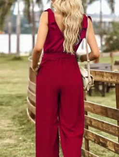 Women's Normal Jumpsuit Active Solid Color Sleeveless V Neck Lace up Pocket Vacation Daily Regular Fit Black Wine Summer