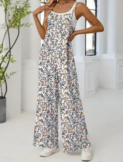 Women's Normal Jumpsuit Active Floral Sleeveless Wide Leg Round Neck Pocket High Waist Vacation Daily Regular Fit Yellow Pink Army Green Summer