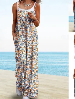 Women's Normal Jumpsuit Active Floral Sleeveless Wide Leg Round Neck Pocket High Waist Vacation Daily Regular Fit Yellow Pink Army Green Summer