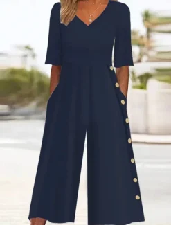 Women's Normal Jumpsuit Active Solid Color Half Sleeve Wide Leg V Neck Buttons Pocket Vacation Daily Regular Fit Navy Blue Summer