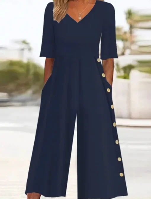 Women's Normal Jumpsuit Active Solid Color Half Sleeve Wide Leg V Neck Buttons Pocket Vacation Daily Regular Fit Navy Blue Summer