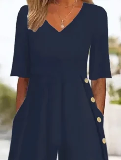 Women's Normal Jumpsuit Active Solid Color Half Sleeve Wide Leg V Neck Buttons Pocket Vacation Daily Regular Fit Navy Blue Summer