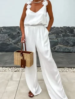 Women's Normal Jumpsuit Active Solid Color Sleeveless V Neck Pocket Vacation Daily Regular Fit Black White Red Summer