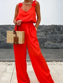 Women's Normal Jumpsuit Active Solid Color Sleeveless V Neck Pocket Vacation Daily Regular Fit Black White Red Summer