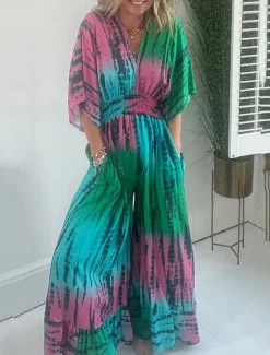 Women's Normal Jumpsuit Active Tie Dye Half Sleeve V Neck High Waist Vacation Daily Regular Fit Green Summer