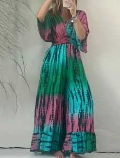 Women's Normal Jumpsuit Active Tie Dye Half Sleeve V Neck High Waist Vacation Daily Regular Fit Green Summer