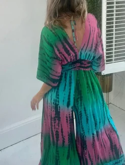 Women's Normal Jumpsuit Active Tie Dye Half Sleeve V Neck High Waist Vacation Daily Regular Fit Green Summer