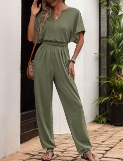 Women's Normal Jumpsuit Active Solid Color Sleeveless V Neck High Waist Vacation Daily Regular Fit Black Wine Blue Summer