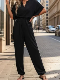 Women's Normal Jumpsuit Active Solid Color Sleeveless V Neck High Waist Vacation Daily Regular Fit Black Wine Blue Summer