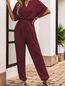 Women's Normal Jumpsuit Active Solid Color Sleeveless V Neck High Waist Vacation Daily Regular Fit Black Wine Blue Summer