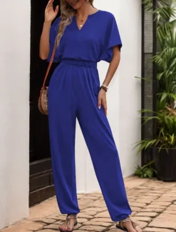 Women's Normal Jumpsuit Active Solid Color Sleeveless V Neck High Waist Vacation Daily Regular Fit Black Wine Blue Summer
