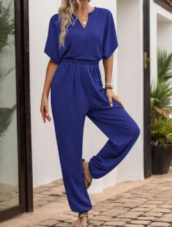 Women's Normal Jumpsuit Active Solid Color Sleeveless V Neck High Waist Vacation Daily Regular Fit Black Wine Blue Summer