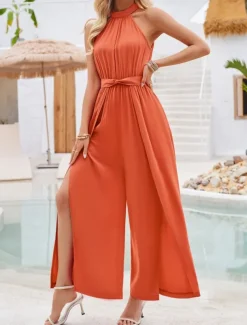 Women's Normal Jumpsuit Active Solid Color Sleeveless Halter Neck High Waist Tie Belt Vacation Daily Regular Fit Red Green Summer