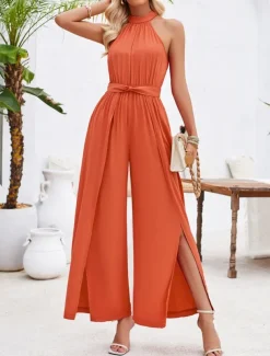 Women's Normal Jumpsuit Active Solid Color Sleeveless Halter Neck High Waist Tie Belt Vacation Daily Regular Fit Red Green Summer