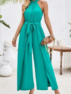 Women's Normal Jumpsuit Active Solid Color Sleeveless Halter Neck High Waist Tie Belt Vacation Daily Regular Fit Red Green Summer