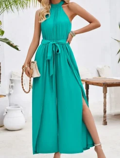 Women's Normal Jumpsuit Active Solid Color Sleeveless Halter Neck High Waist Tie Belt Vacation Daily Regular Fit Red Green Summer
