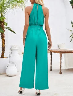 Women's Normal Jumpsuit Active Solid Color Sleeveless Halter Neck High Waist Tie Belt Vacation Daily Regular Fit Red Green Summer