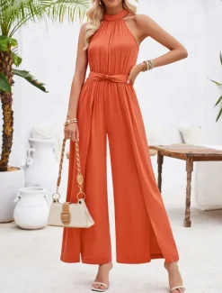 Women's Normal Jumpsuit Active Solid Color Sleeveless Halter Neck High Waist Tie Belt Vacation Daily Regular Fit Red Green Summer