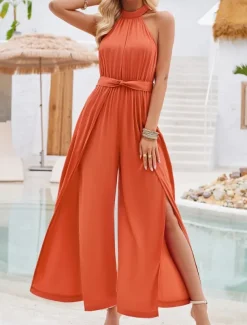 Women's Normal Jumpsuit Active Solid Color Sleeveless Halter Neck High Waist Tie Belt Vacation Daily Regular Fit Red Green Summer