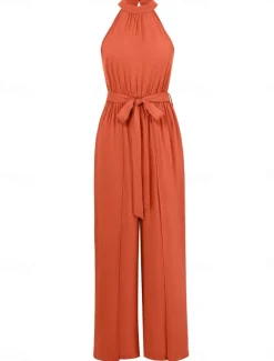Women's Normal Jumpsuit Active Solid Color Sleeveless Halter Neck High Waist Tie Belt Vacation Daily Regular Fit Red Green Summer
