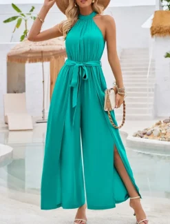 Women's Normal Jumpsuit Active Solid Color Sleeveless Halter Neck High Waist Tie Belt Vacation Daily Regular Fit Red Green Summer