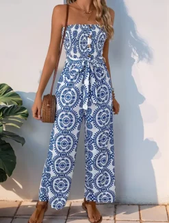 Women's Normal Jumpsuit Active Floral Sleeveless Strapless Backless Pocket Vacation Daily Regular Fit Blue Summer