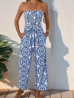 Women's Normal Jumpsuit Active Floral Sleeveless Strapless Backless Pocket Vacation Daily Regular Fit Blue Summer