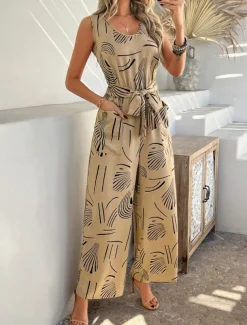 Women's Normal Jumpsuit Active Graphic Sleeveless Wide Leg U Neck High Waist Vacation Daily Regular Fit Black Red Green Summer