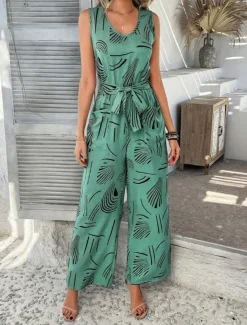 Women's Normal Jumpsuit Active Graphic Sleeveless Wide Leg U Neck High Waist Vacation Daily Regular Fit Black Red Green Summer