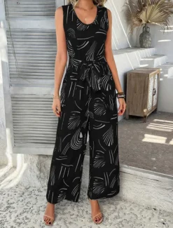 Women's Normal Jumpsuit Active Graphic Sleeveless Wide Leg U Neck High Waist Vacation Daily Regular Fit Black Red Green Summer