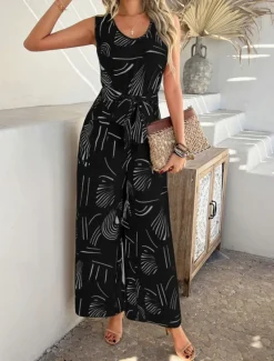 Women's Normal Jumpsuit Active Graphic Sleeveless Wide Leg U Neck High Waist Vacation Daily Regular Fit Black Red Green Summer
