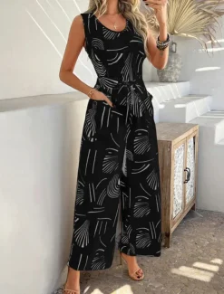 Women's Normal Jumpsuit Active Graphic Sleeveless Wide Leg U Neck High Waist Vacation Daily Regular Fit Black Red Green Summer