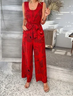 Women's Normal Jumpsuit Active Graphic Sleeveless Wide Leg U Neck High Waist Vacation Daily Regular Fit Black Red Green Summer