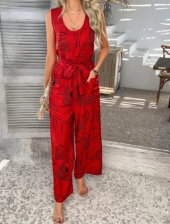 Women's Normal Jumpsuit Active Graphic Sleeveless Wide Leg U Neck High Waist Vacation Daily Regular Fit Black Red Green Summer