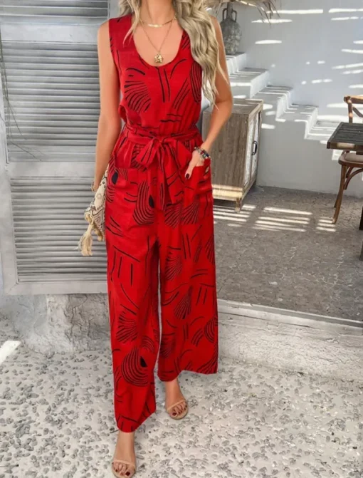 Women's Normal Jumpsuit Active Graphic Sleeveless Wide Leg U Neck High Waist Vacation Daily Regular Fit Black Red Green Summer