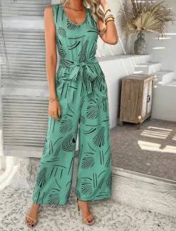 Women's Normal Jumpsuit Active Graphic Sleeveless Wide Leg U Neck High Waist Vacation Daily Regular Fit Black Red Green Summer