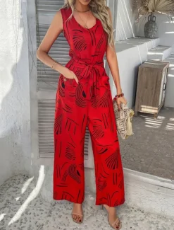 Women's Normal Jumpsuit Active Graphic Sleeveless Wide Leg U Neck High Waist Vacation Daily Regular Fit Black Red Green Summer