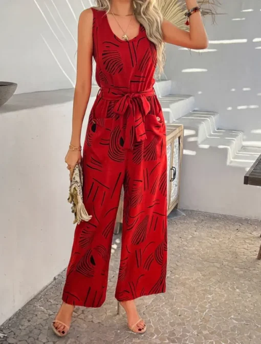 Women's Normal Jumpsuit Active Graphic Sleeveless Wide Leg U Neck High Waist Vacation Daily Regular Fit Black Red Green Summer