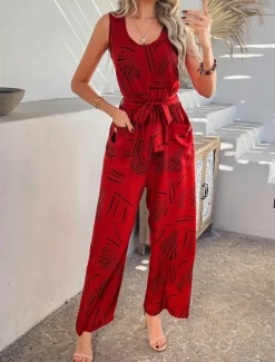Women's Normal Jumpsuit Active Graphic Sleeveless Wide Leg U Neck High Waist Vacation Daily Regular Fit Black Red Green Summer