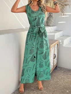 Women's Normal Jumpsuit Active Graphic Sleeveless Wide Leg U Neck High Waist Vacation Daily Regular Fit Black Red Green Summer