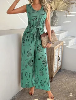 Women's Normal Jumpsuit Active Graphic Sleeveless Wide Leg U Neck High Waist Vacation Daily Regular Fit Black Red Green Summer