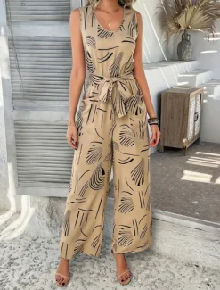 Women's Normal Jumpsuit Active Graphic Sleeveless Wide Leg U Neck High Waist Vacation Daily Regular Fit Black Red Green Summer