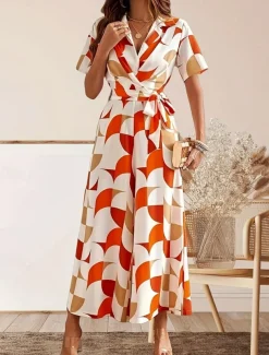 Women's Normal Jumpsuit Active Geometric Short Sleeve Wide Leg V Neck Lace up High Waist Vacation Daily Regular Fit Orange Green Summer