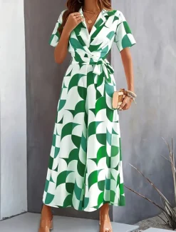 Women's Normal Jumpsuit Active Geometric Short Sleeve Wide Leg V Neck Lace up High Waist Vacation Daily Regular Fit Orange Green Summer