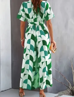 Women's Normal Jumpsuit Active Geometric Short Sleeve Wide Leg V Neck Lace up High Waist Vacation Daily Regular Fit Orange Green Summer