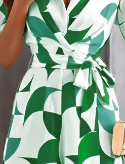 Women's Normal Jumpsuit Active Geometric Short Sleeve Wide Leg V Neck Lace up High Waist Vacation Daily Regular Fit Orange Green Summer