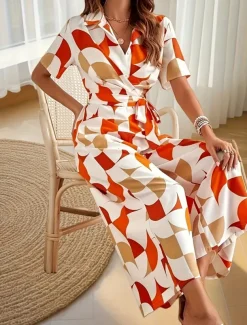 Women's Normal Jumpsuit Active Geometric Short Sleeve Wide Leg V Neck Lace up High Waist Vacation Daily Regular Fit Orange Green Summer